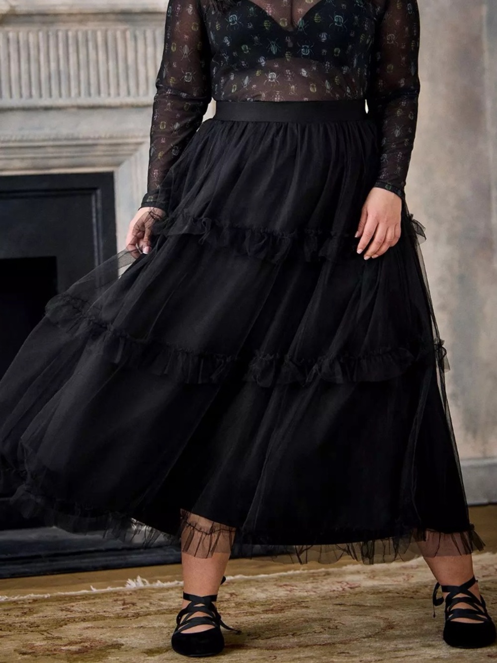 Torrid Skirt 4X Nightfall Black Layered Ruffle Tulle Midi Maxi Plus Size Pull On